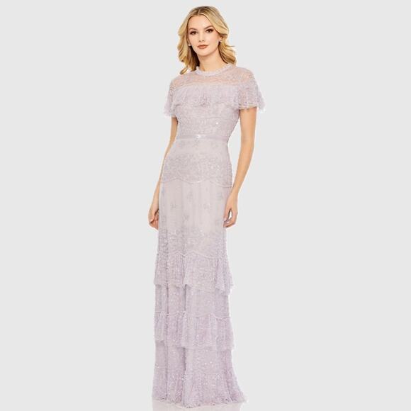 Mac Duggal Purple Embellished Cap Sleeve Ruffle Tiered Gown 14 - Picture 3 of 8